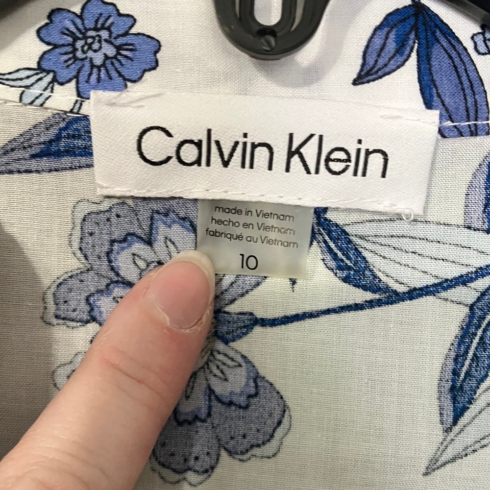 Calvin Klein White Midi Shirt Dress with Blue Floral Print - Picture 2 of 8